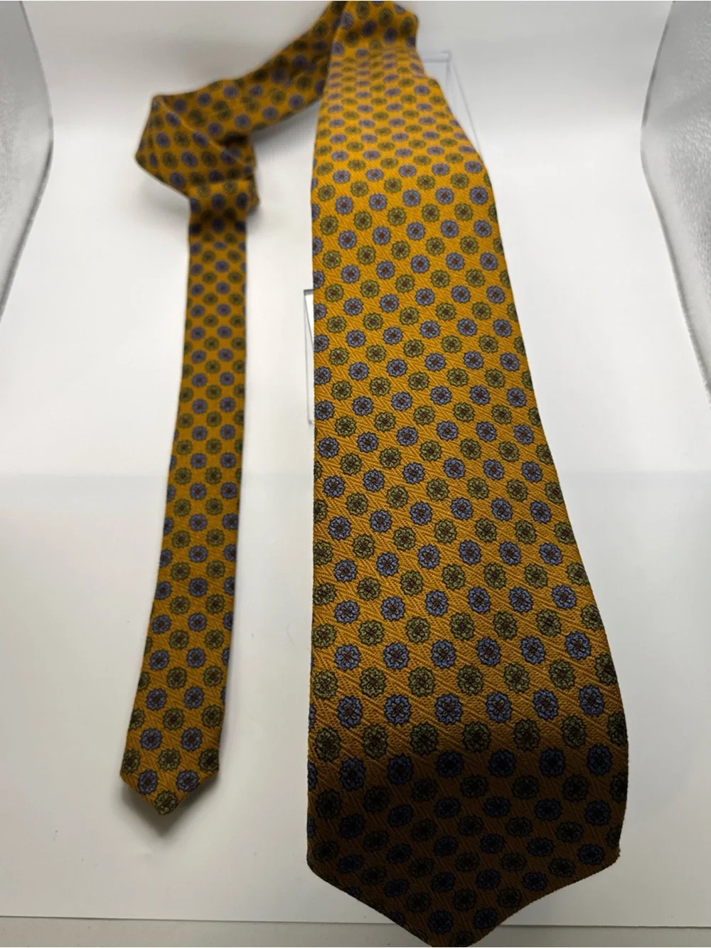 Robert Talbott Golden Yellow Medallion Silk Tie with Blue and Olive Accents